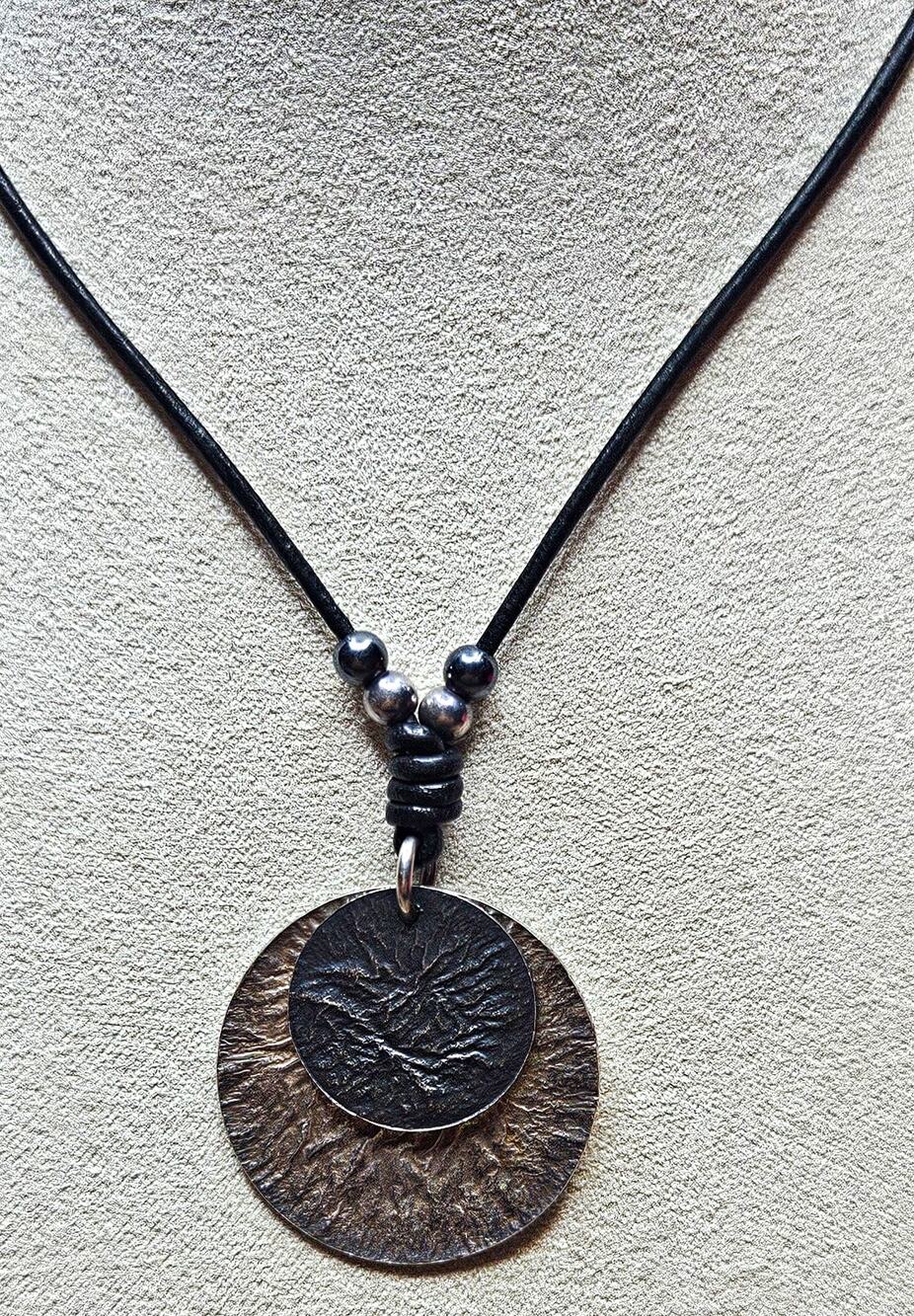 Silpada 925 Sterling Silver Textured Double Disc Pendant Black Cord Necklace 16"